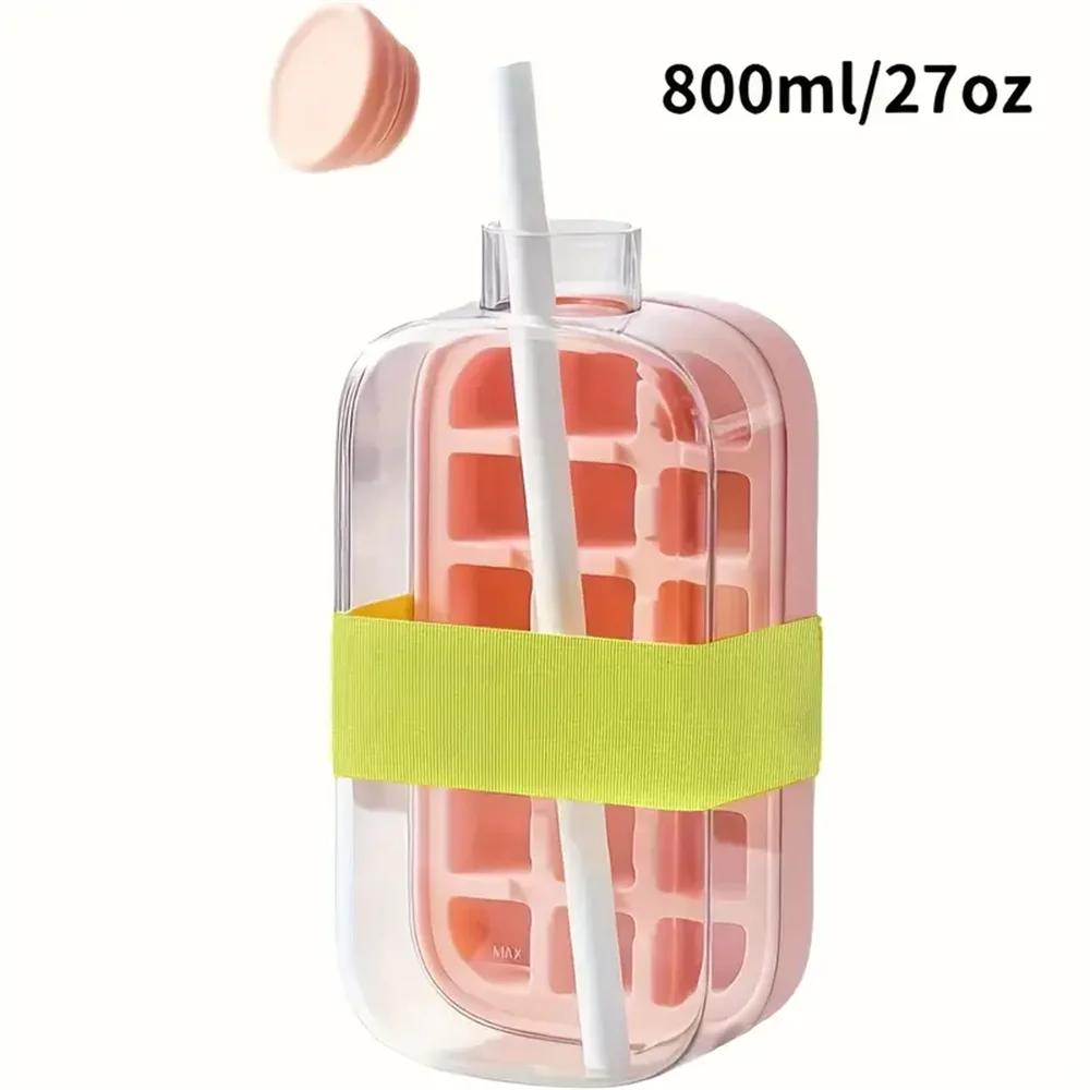 2 in 1 Ice Cube Bottle, Press Ice Cube Mold Water Bottle with Lid and Bin, Ice Bottle Cup, Easy Press To Release Ice Cube Tray