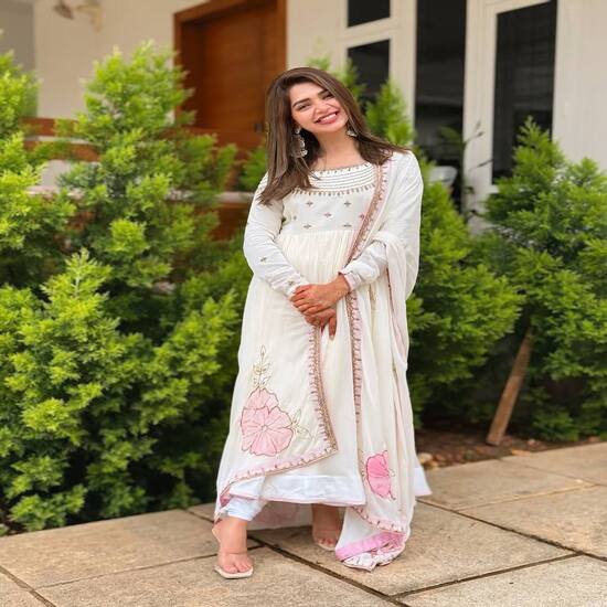 Elegant White Anarkali Suit with Pink Floral Print