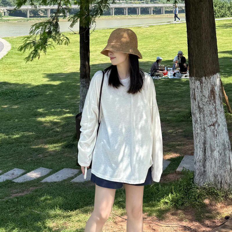 

Yljzz Korean-Style Simple Loose Lazy Texture Long-Sleeve T-Shirt Thin Versatile Casual Sun-Protection Cover-Up Top White S