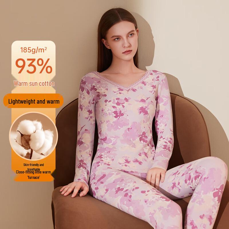 Damen Baumwolle Blumendruck Dünnes Thermounterwäsche-Set