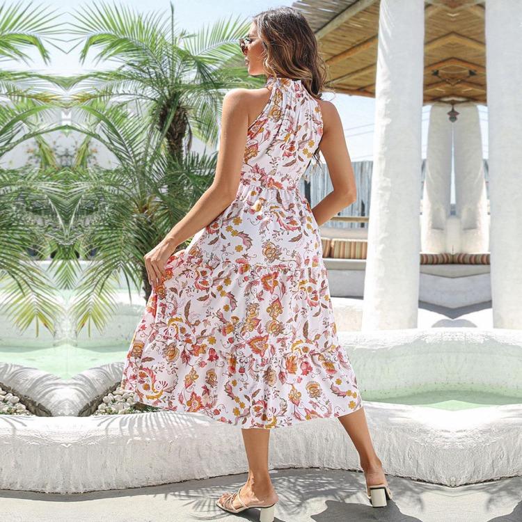 Vintage Halter Sleeveless Long Dress Women Lace Up Strap Print Spring Summer Holiday S-XL