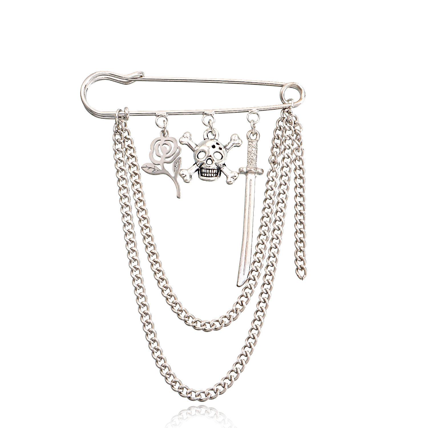 Steel exaggerated geometric multi-element skull brooch, long fringed pin accessories