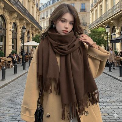 Coffee Scarf For Women Long Warm Cashmere Scarves Winter Hijab Solid Lady Shawl Wrap Female Pashmina Bandana Head Scarfs