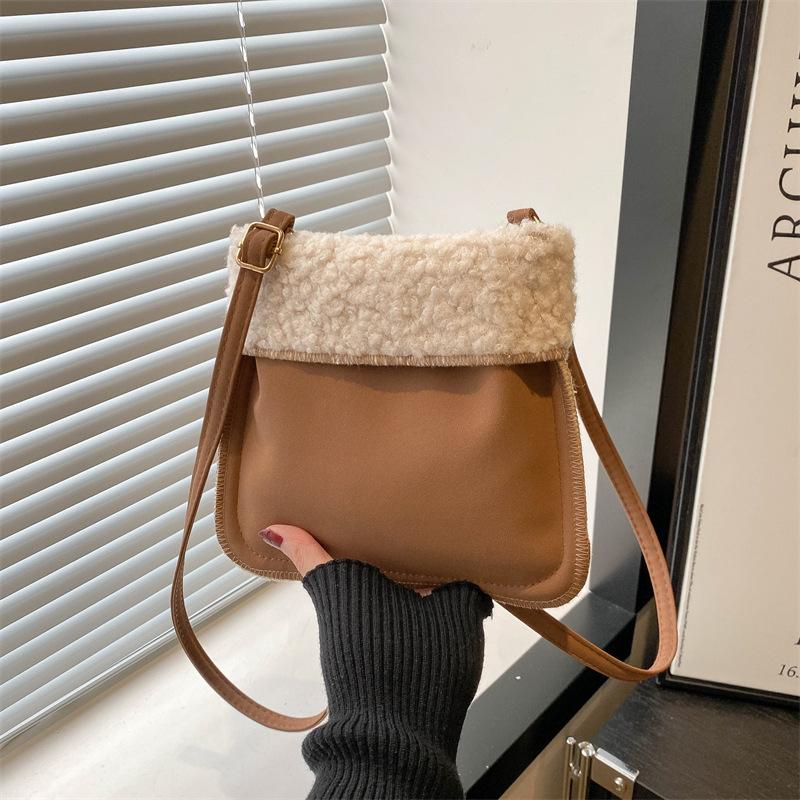 

Lamb plush bag women s 2025 new spring popular suede shoulder bag high-end messenger bucket bag хакі