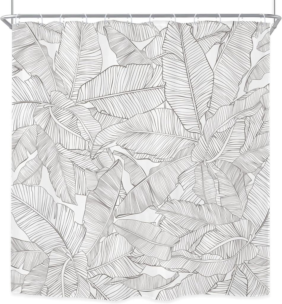 Tropical Black And White Shower Curtain Palm Tree Leaf Modern Banana Monstera Leaves Rainforest Jungle Hawaii Plant Fabric