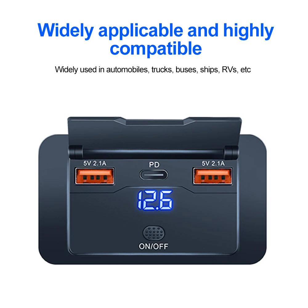 Dual PD Dual QC 3.0 USB Car Charger 12V RV USB Outlet Panel 108W Fast Charge Socket with Switch & Voltmeter for Boat Motorcycle