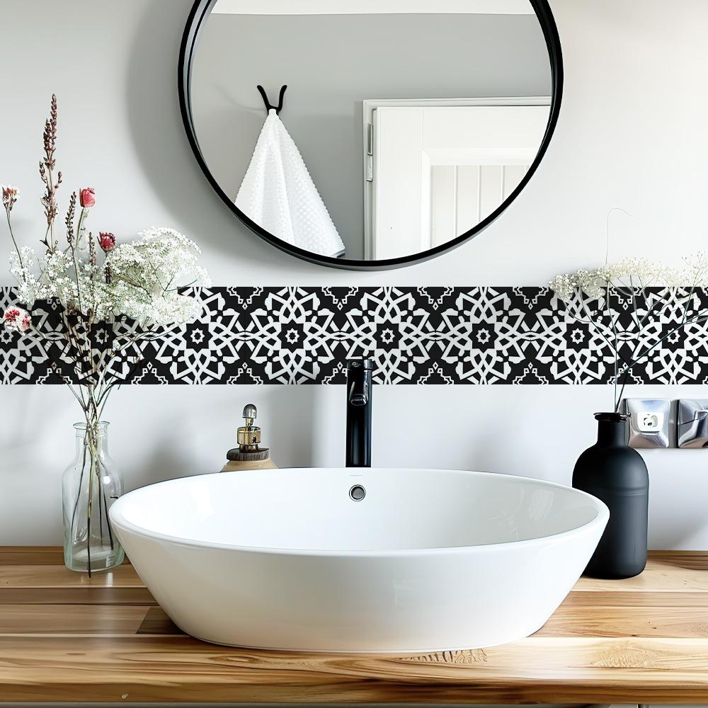 Retro Black and White Patterned Waistline Stickers for Bathroom Living Room, Entrance Hall and Home Wall Decoration