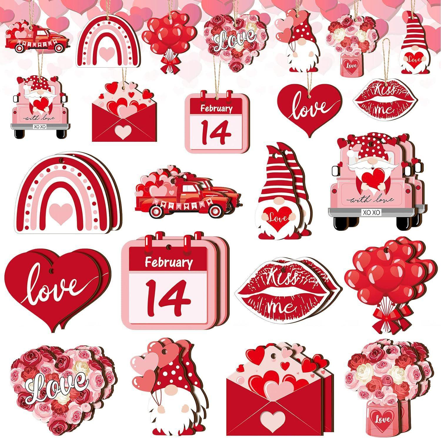 Valentine s Day Wooden Jewelry Valentine s Day Ornament Love Balloon Pendant Couple Party Pink Dwarf Jewelry 12-piece set