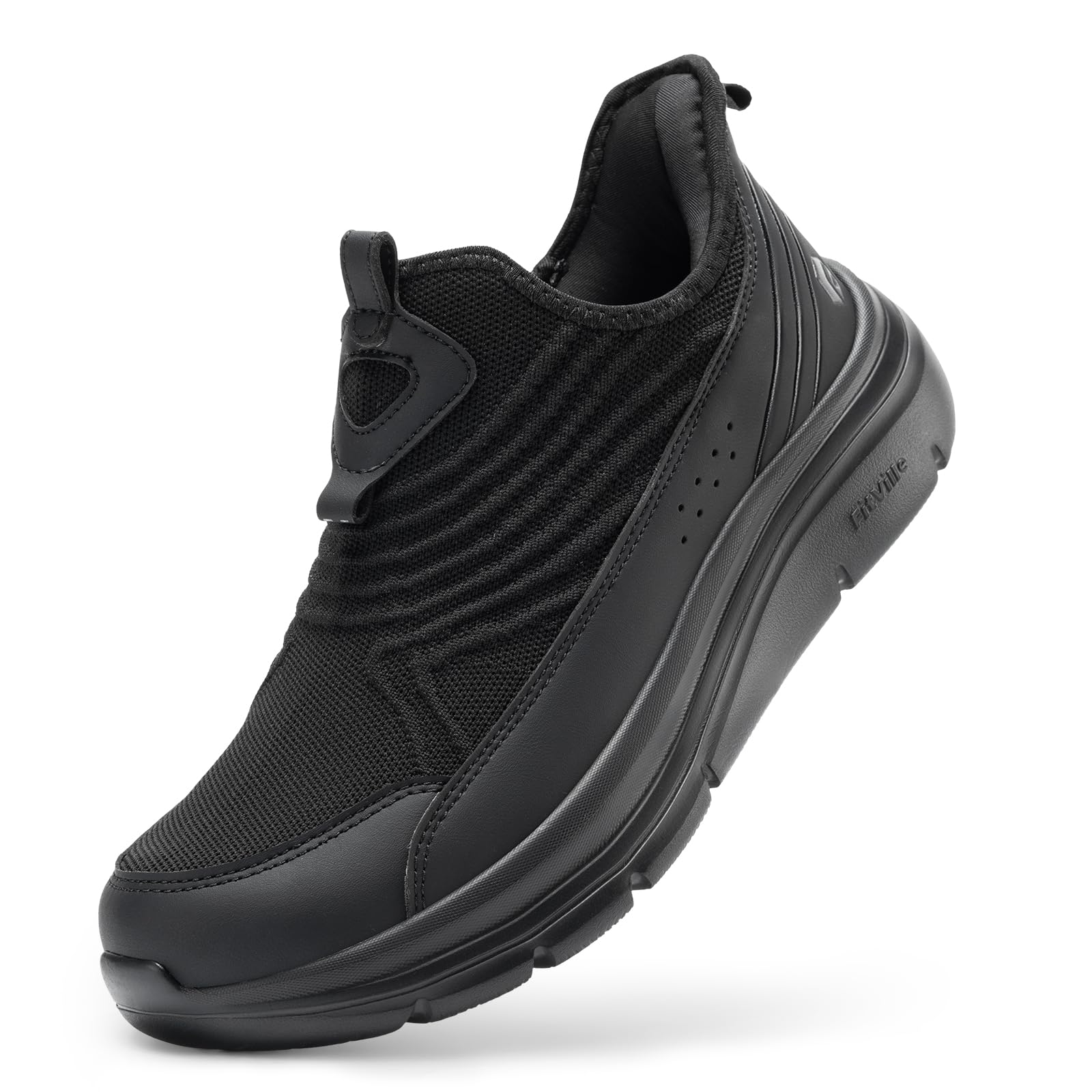 

FitVille Широкие кроссовки для ходьбы и бега, толстые, легко надеваются и снимаются, мужские слипоны, 2E/4E, обувь, обувь, кроссовки без рук, подошва, легкие, чёрный