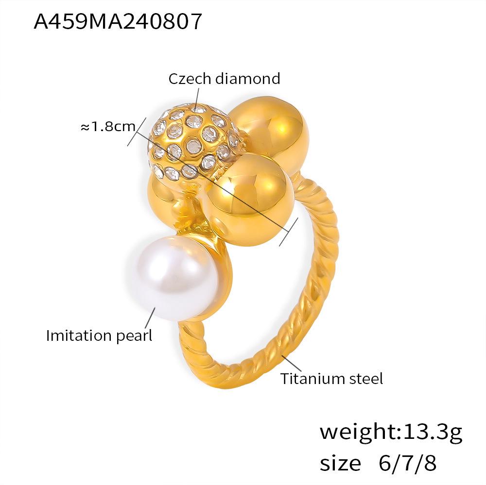 European and American Faux Pearl Rhinestone Patchwork Ring - Twisted Pattern, 18k Gold-Plated Titanium Steel, INS Style. Size 7