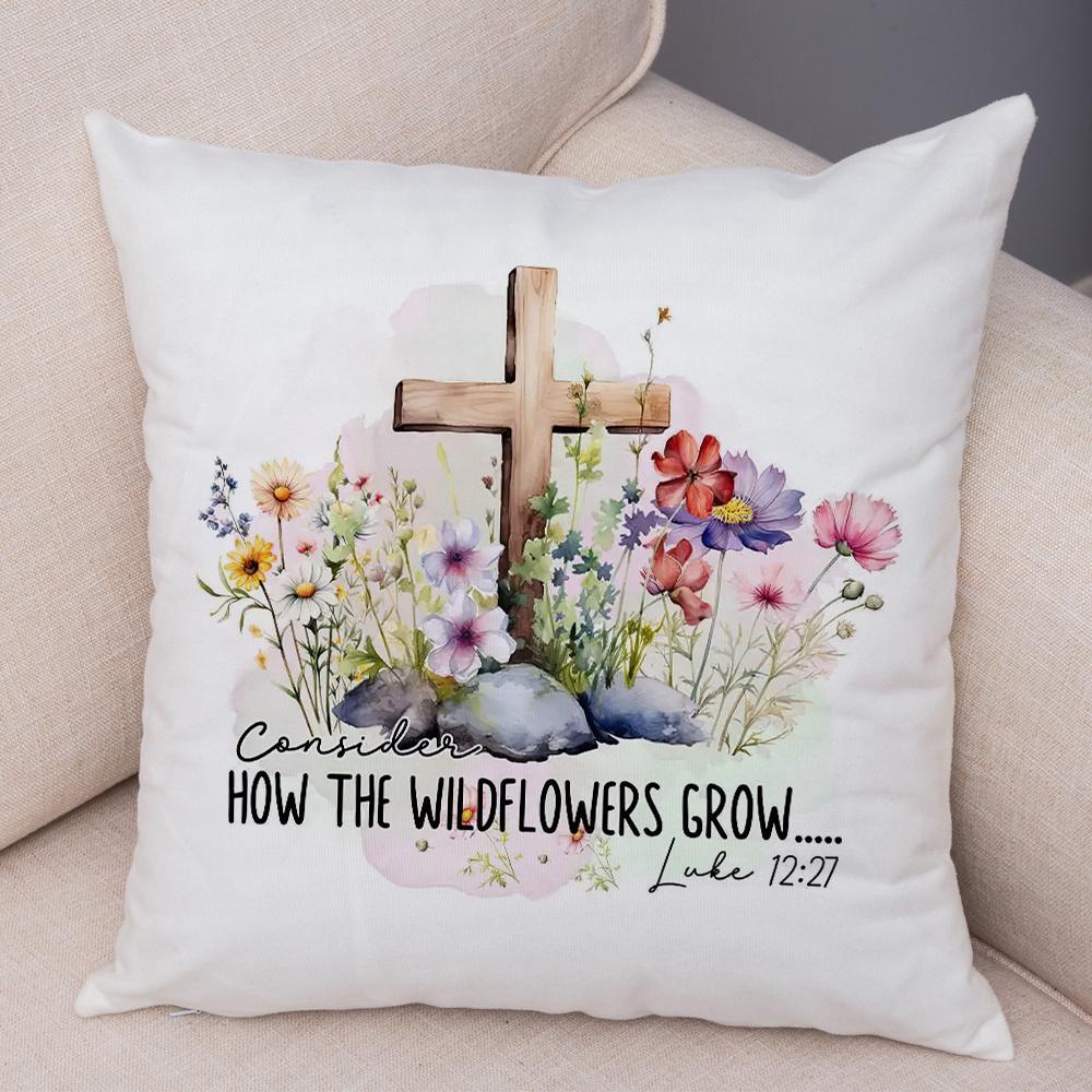 Grow In Grace Flowers Pillowcase Double Print Faith Hope Love Cushion Cover Soft Plush Wildflowers Cross Pillowe Case for Sofa