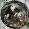 D Metal SignMedieval Dragon  Castle Round Metal Wall Art Scene  Decor Gothic Mythical Creature Plaque for Home Bar