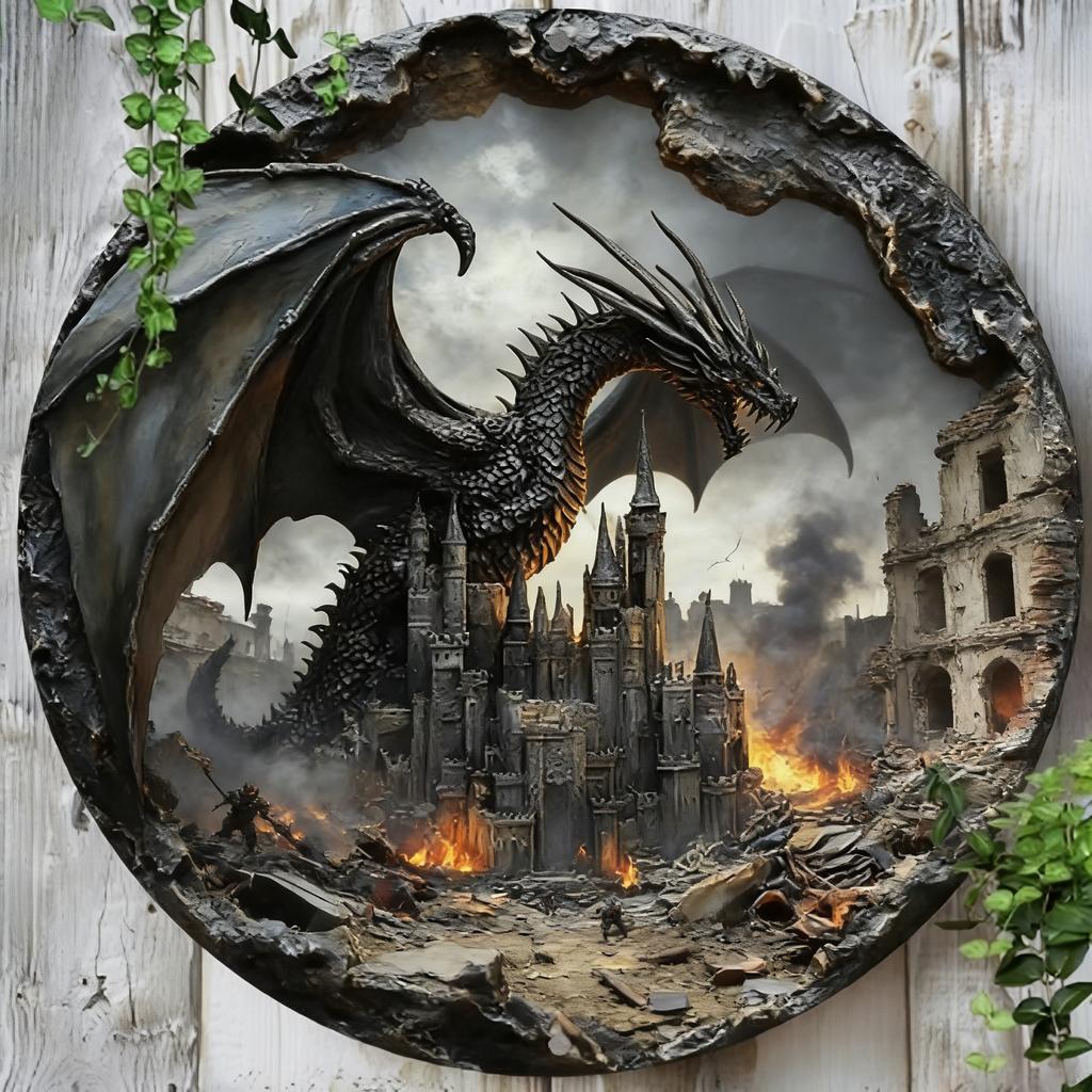 D Metal SignMedieval Dragon  Castle Round Metal Wall Art Scene  Decor Gothic Mythical Creature Plaque for Home Bar
