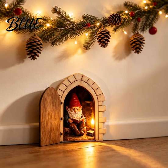 Lightweight Flat Fairy House Opening Door with Hidden Gnome Scene Miniature Wooden Wall Decor Realistic Reading 2D Scene Hinged for Baseboard,