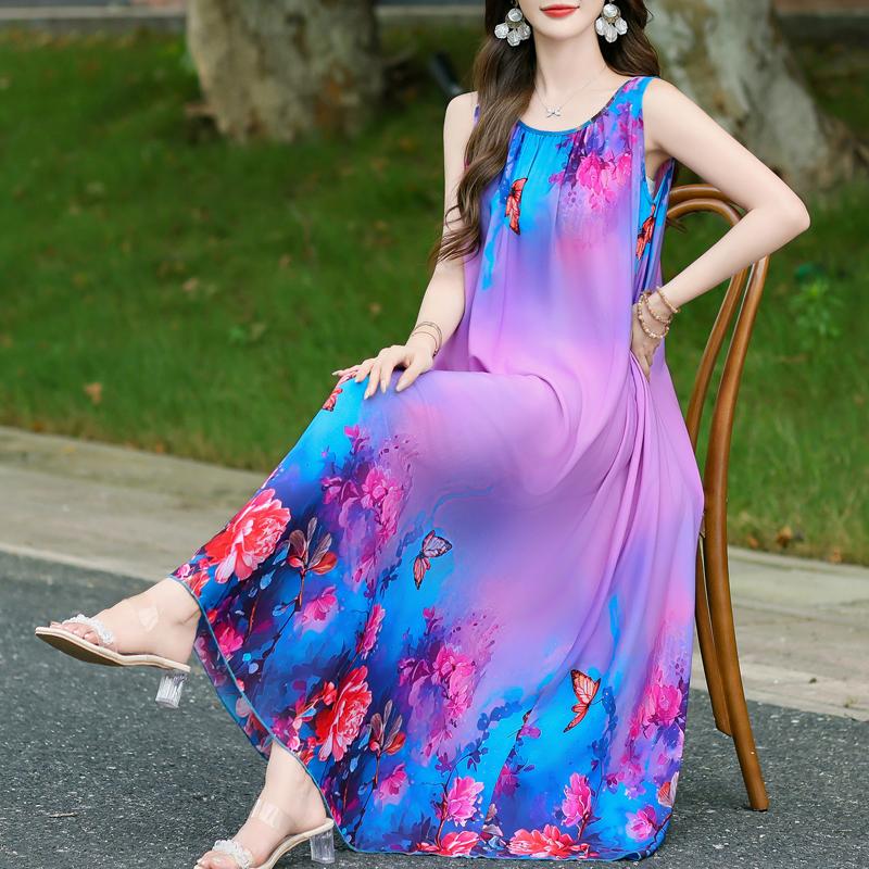 Damen Sommerkleid Vintage Kleidung Lässig Ärmellos Lange Kleider