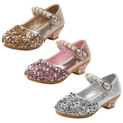 Kinder Mädchen Pailletten Schuhe mit hohen Absätzen, elegante Perlen Prinzessin Schuhe