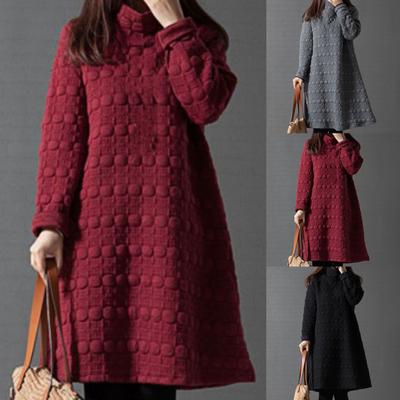 Lady Dress Solid Color Stand Collar Casual Loose Knee Length Winter Dress for Daily Wear