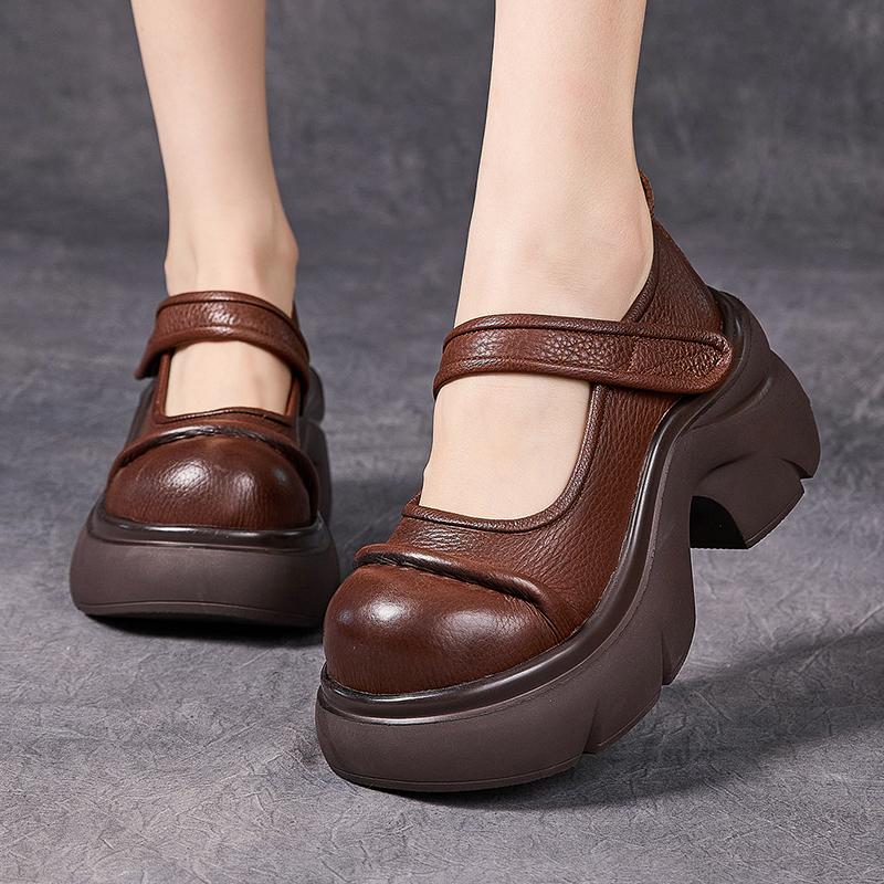 Fashion GKTINOO Retro Thick Soled Pumps Genuine Leather Wedges Shoes 2025 New Round Toe Versatile Women's Platform Shoes