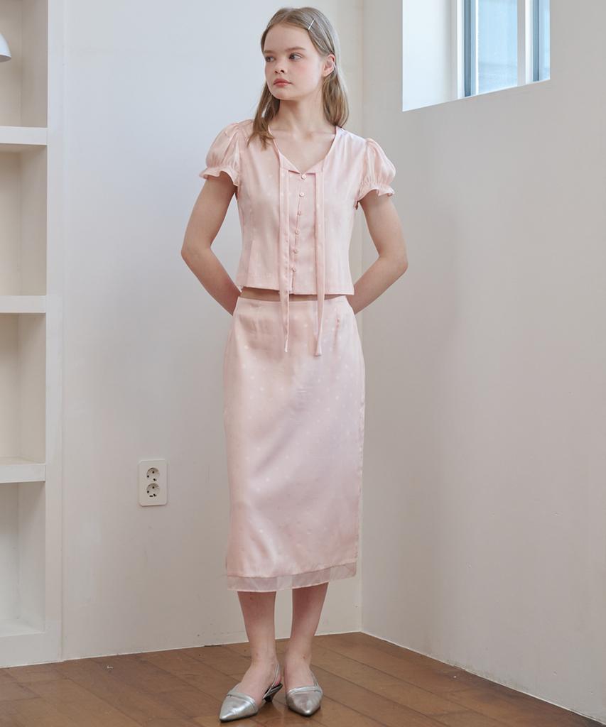 OPENING SUNSHINE Set - Satin Jacquard Tie Blouse + H Midi Skirt Pink