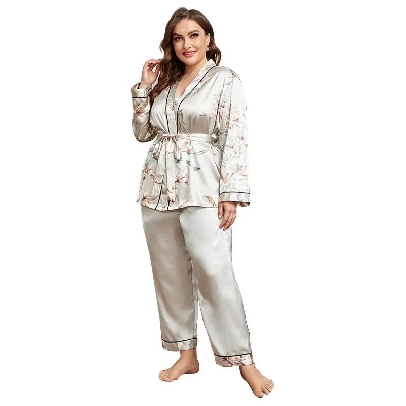 Women's Cardigan Printed Robe with Long Trouser Pajamas Set Loose Conjuntos Feminino Elegante Ladies Suits
