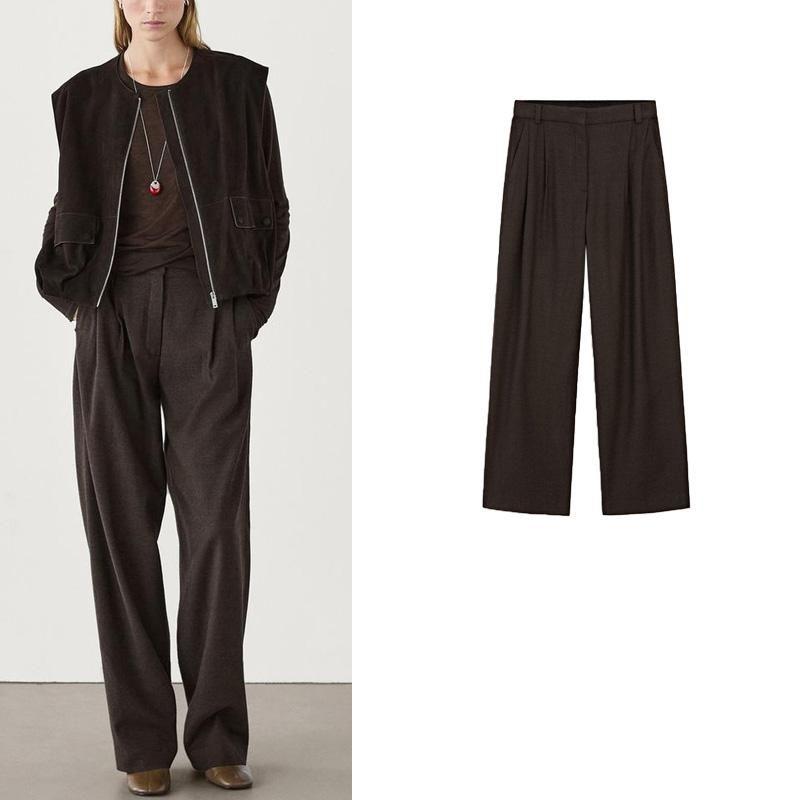 MD Spring New Women's Clothing Elegant Capable Commute Style Retro Brown Flannel Pleated Pants 5015593