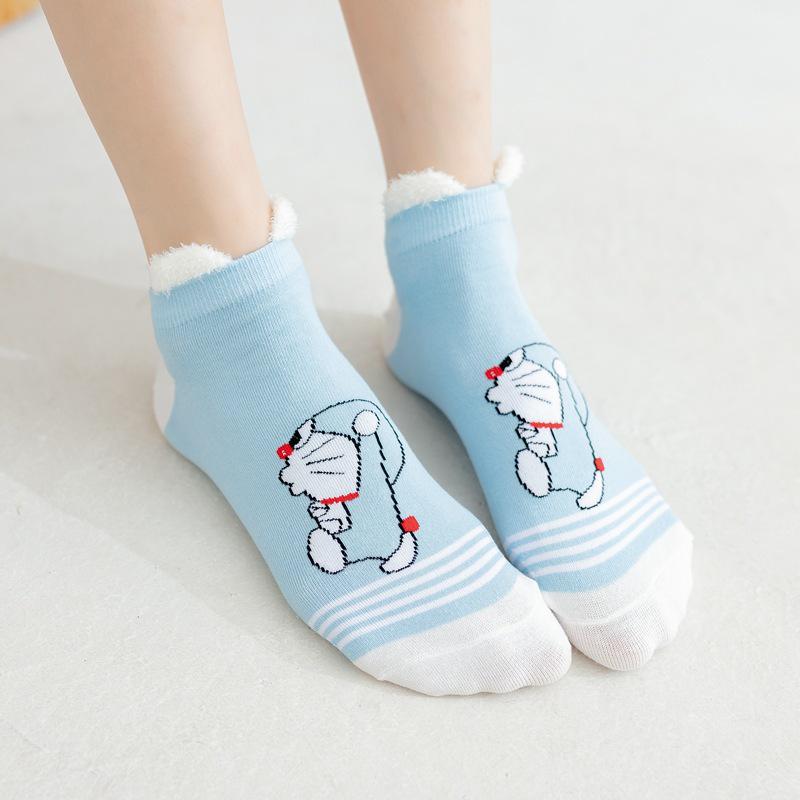 Women's Blue Fat Cat Cartoon Socks – Cute 3D Ears, Feather Yarn, All Cotton, Low-Cut Boat Style