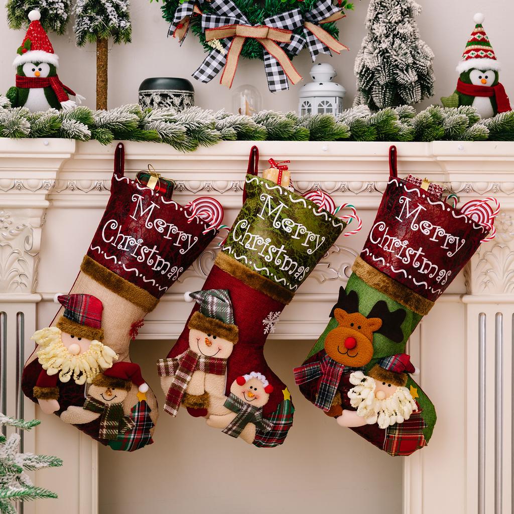Christmas Stocking 3D Embroidered Design Large Gift Bag Xmas Sock for Children Holiday Decoration