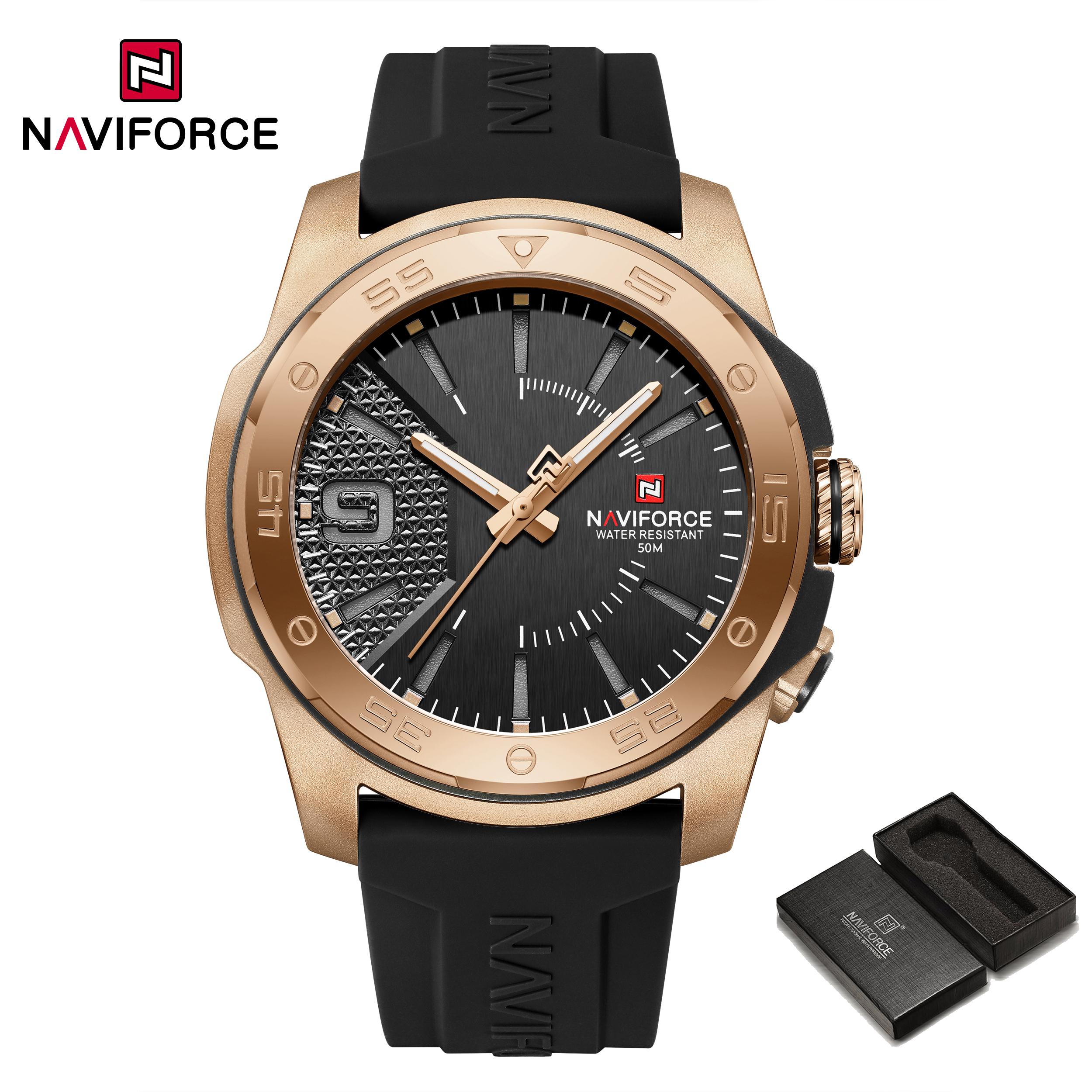 

Naviforce Оригинальные часы для мужчин Светящиеся Водонепроницаемые 50 м наручные часы Резиновый ремешок Уличная Мода Повседневные Спортивные Мужские Кварцевые Часы NF7112 чёрный/розового золота