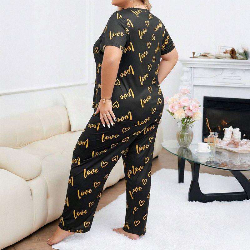 Damen Übergröße Pyjama Sets Lässig Locker Kurzarm Oberteil und Hose Loungewear