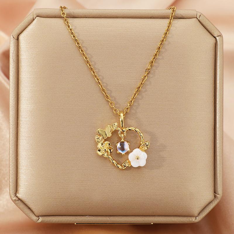 Mori Style Moonstone Butterfly Titanium Necklace - Women's Fashion Clavicle Chain
