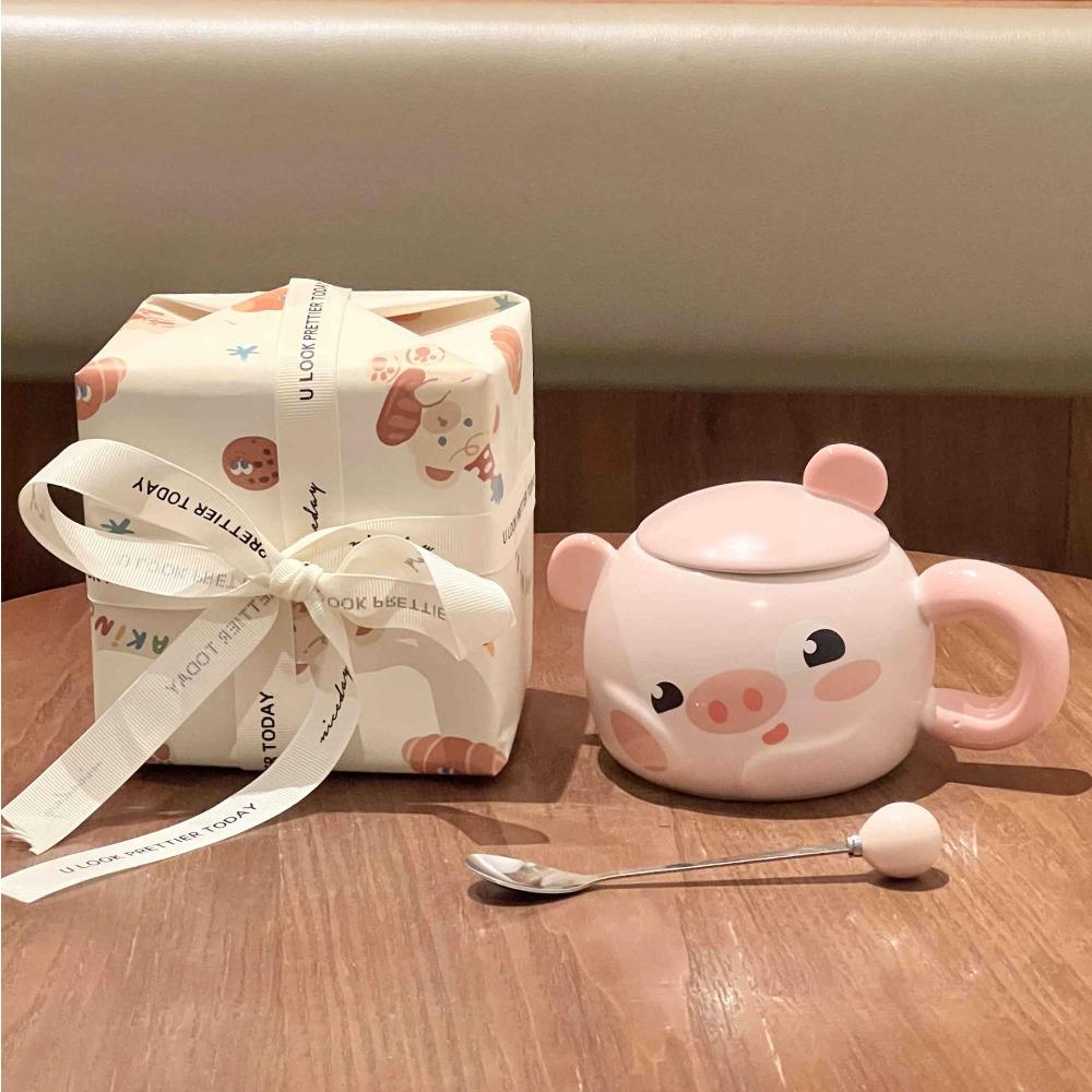 Cute Cartoon Piggy Ceramic Cup Girl Heart Mug with Lid Spoon Office Coffee Mug Birthday Gift
