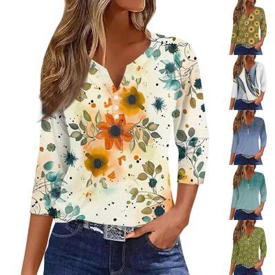 Damska koszulka T-shirt z nadrukiem Rękaw 3/4 Codzienny Weekend Moda Podstawowy Dekolt w kształcie litery V Regularny top