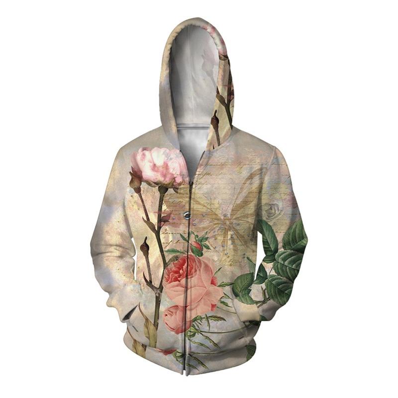 Fox Flower Leaf Hoodie For Men Vintage Statue Graphic Sweatshirts Casual Comfortable Hooded Loose Zipper Pullovers