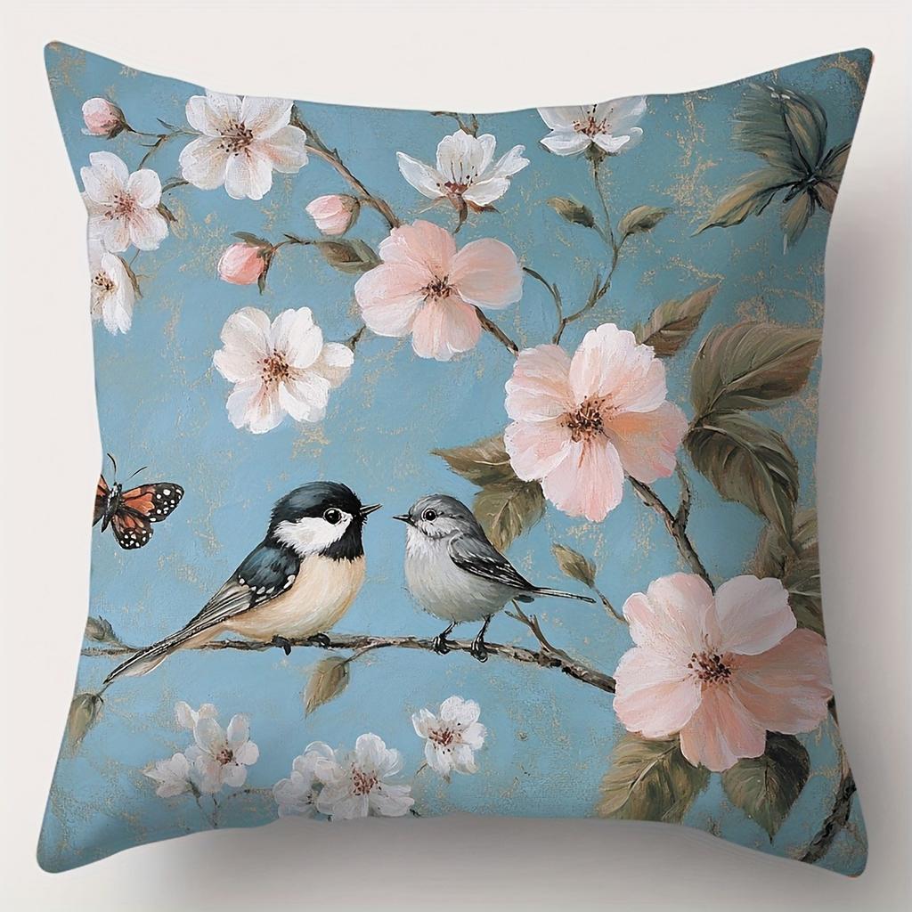 Spring Elements, Birds, Flowers, Branches Pattern Pillowcasebedroom Sofa Decorative Cushion Cover With Zipper Soft Cushion Cover