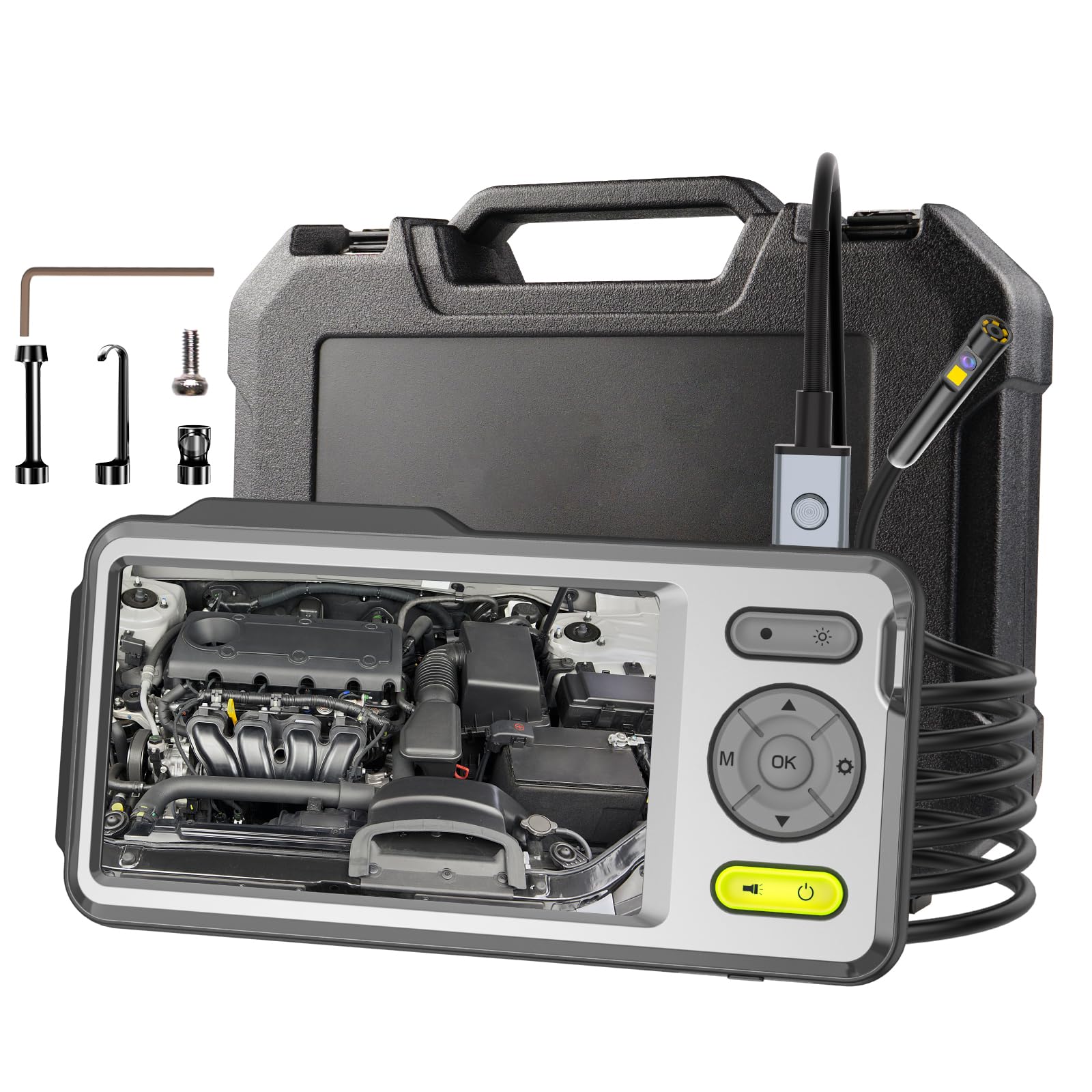 

AMTORIN Fiberscope, 5-inch IPS Display, 5mm Diameter, 5m Length, Dual Fiberscope, Includes 32GB Memory Card and Dedicated Tool Box, Front and Side