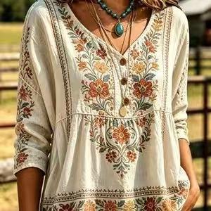 Sommer Damen T-Shirt V-Ausschnitt Lässig Siebenärmel Hemd D Bedrucktes Böhmisches Oberteil