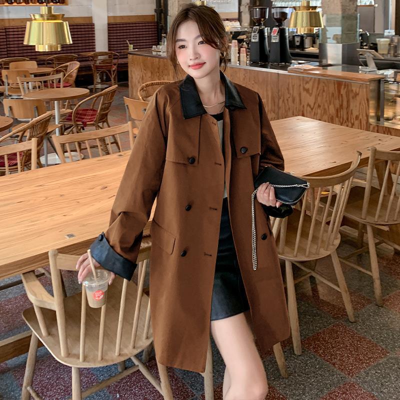 

Женская весна и осень, новая женская двубортная кожаная ветровка с пряжкой средней длины, женская свободная повседневная куртка большого размера XL