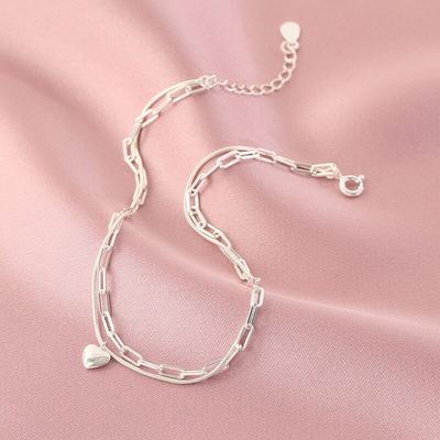 925 Sterling Silver Double Layer Link Chain Heart Charm Bracelet For Women Wedding Party Korean Jewelry Sl178