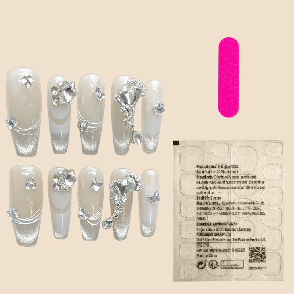 10pcs Glossy White Fake Nail Cat Eye Reusable Coffin Artificial Nail with Crystal for Women and Girls Nail Decoration