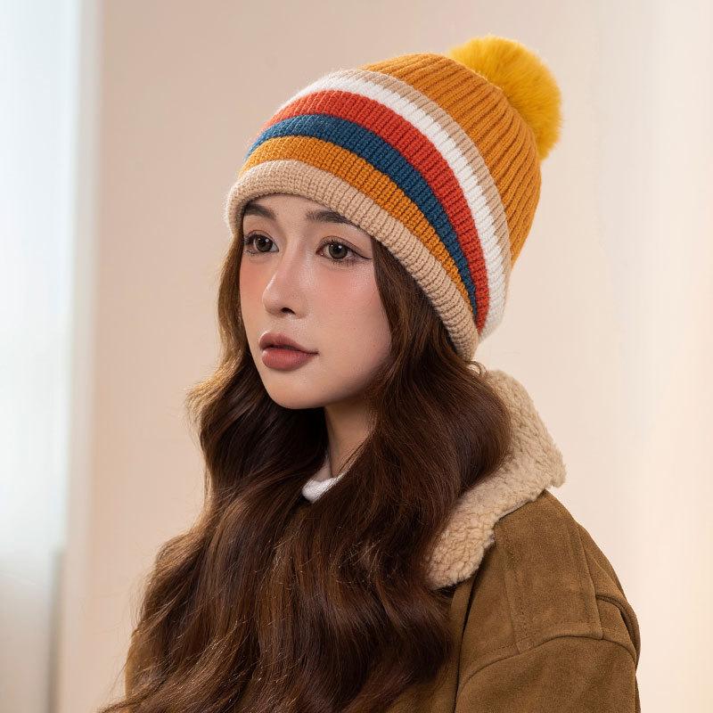 Rainbow Mixed Color Knitted Warm Hat Women's Fleece Warm Ear Protector Hairball Hat Dopamine Face Small Wool Hat