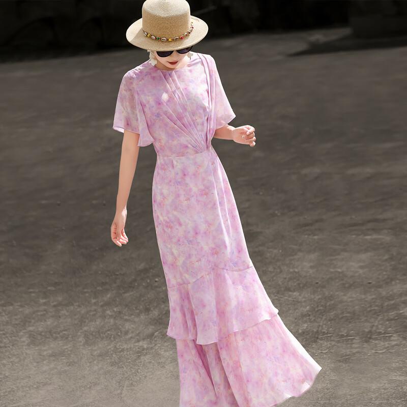 Women s Summer Floral Pleated Ruffle Midi Dress S