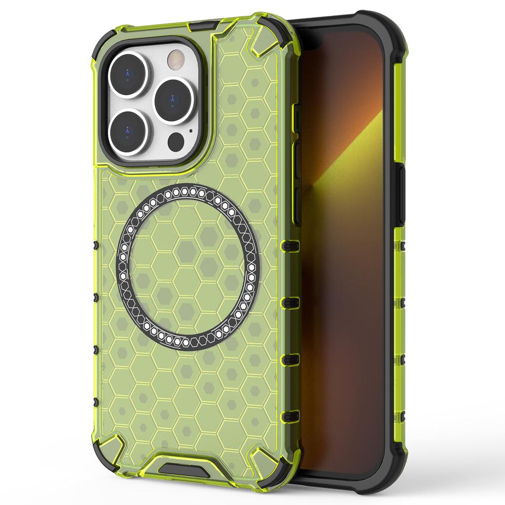 For iPhone 13 Pro Magnetic Case Honeycomb Design Thickened Corners TPU+PC Phone Cover