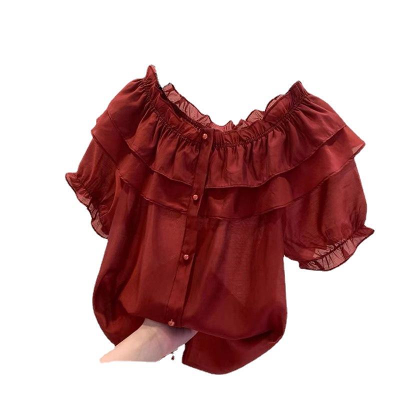 

Летняя женская блузка с оборками и строчкой, женские однотонные шифоновые топы, праздничная рубашка с эластичным воротником, винтажный топ с короткими рукавами XS красный