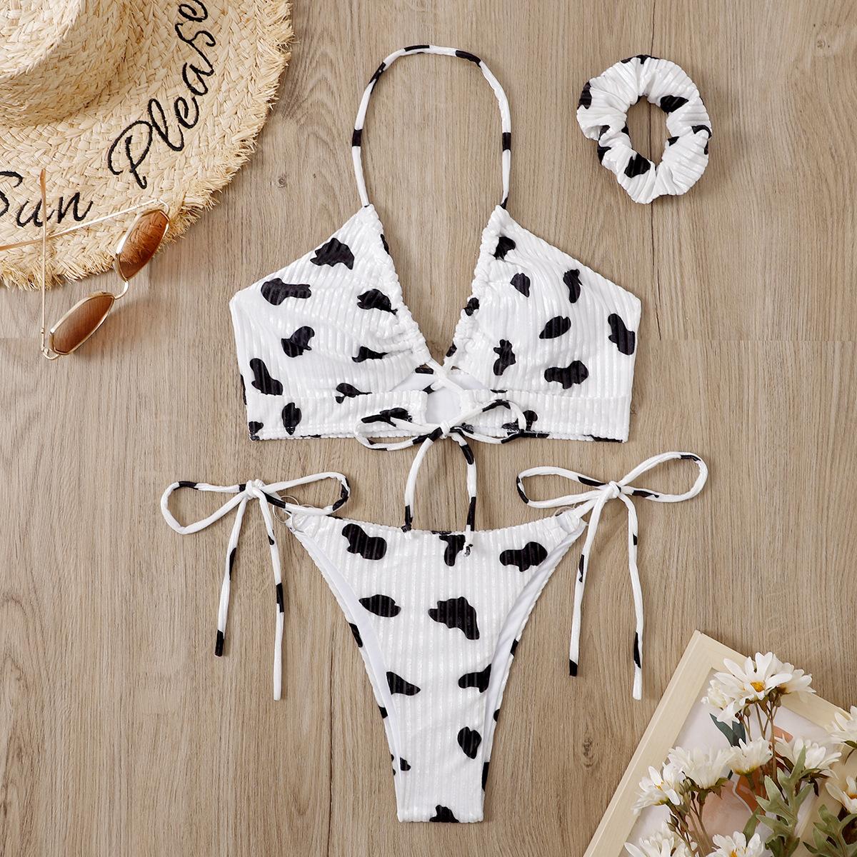 

Купальник женский с бретелькой на шее, треугольниками на шнуровке, с принтом коровы, сексуальные комплекты бикини с вырезами L белый