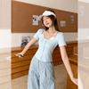 Design Lace Splicing Fake Two-piece Unique Short-sleeved T-shirt Women's Summer Beauty Slim-fitting Clavicle Top