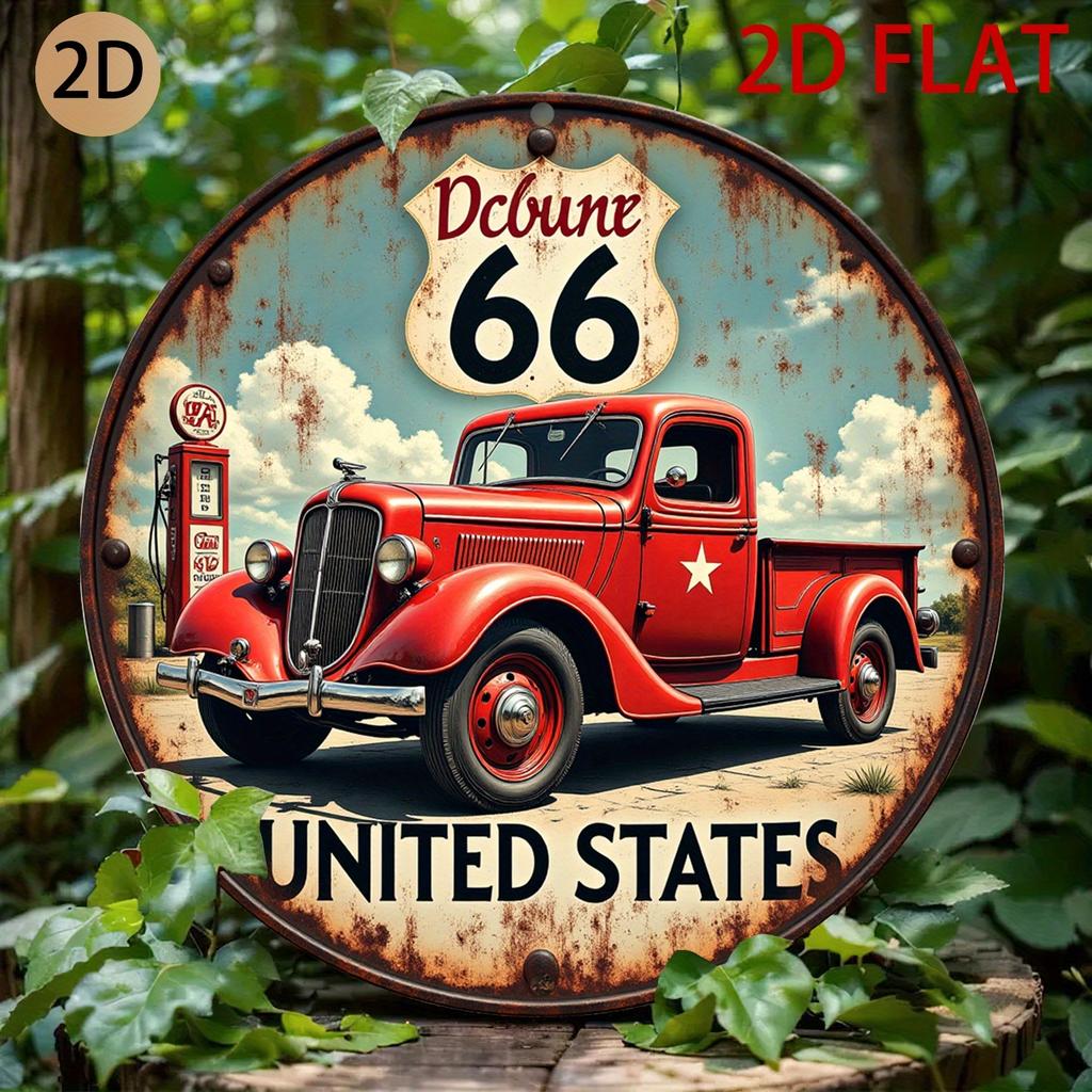 D Flat Vintage Route Metal Sign with Red Truck Rustic Americana Wall Art for Home Garage or Diner Decor Featuring Cla