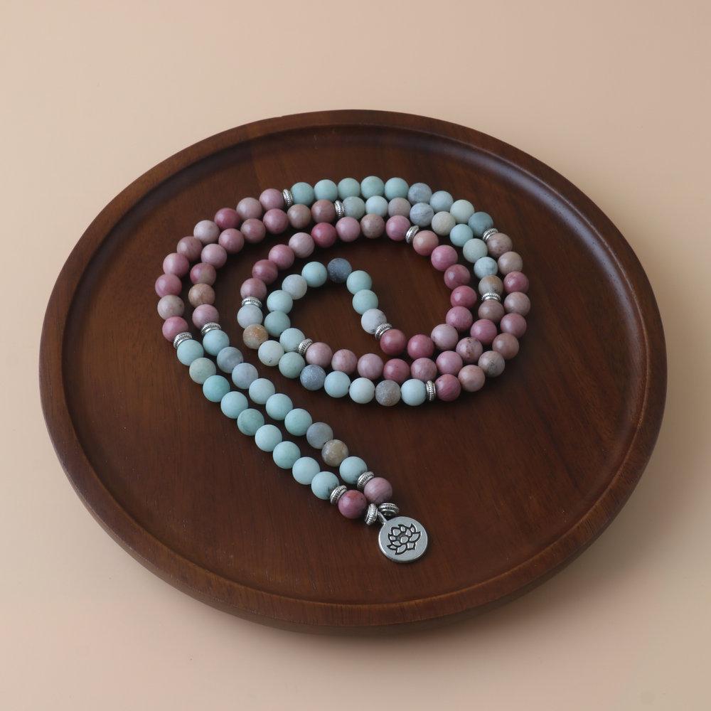 Matte Rhodonite & Amazonite Mala Beads Necklace – Lotus Charm Boho Jewelry, Calm Balance Gift for Women