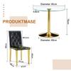 Table and Chair Collection: 85 Cm Diameter, Modern Minimalist Round Glass Table with Golden Metal Support, Matching 4 Black-Gold Modern Dining Chairs.
