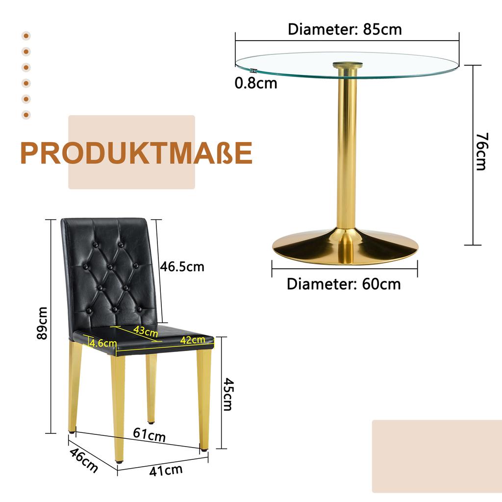 Table and Chair Collection: 85 Cm Diameter, Modern Minimalist Round Glass Table with Golden Metal Support, Matching 4 Black-Gold Modern Dining Chairs.