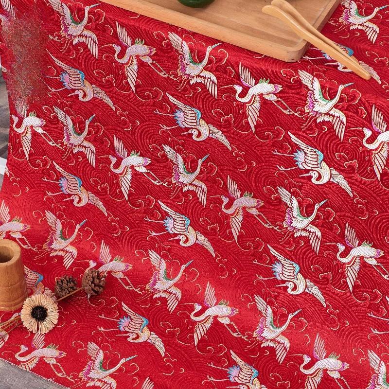 100x75cm Chinese Style Handmade Silk Satin Fabric Cheongsam Stage Embroidered Tissue Paper Crane Pattern Dress Material